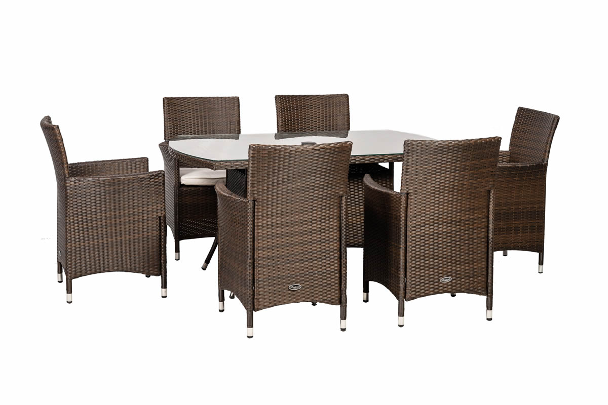 View Nevada Brown Rattan 6 Seater Rectangular Patio Dining Set Inset Glass Table Top With Hole For Parasol 6 Rattan Highback Chairs With Cushions Incl information