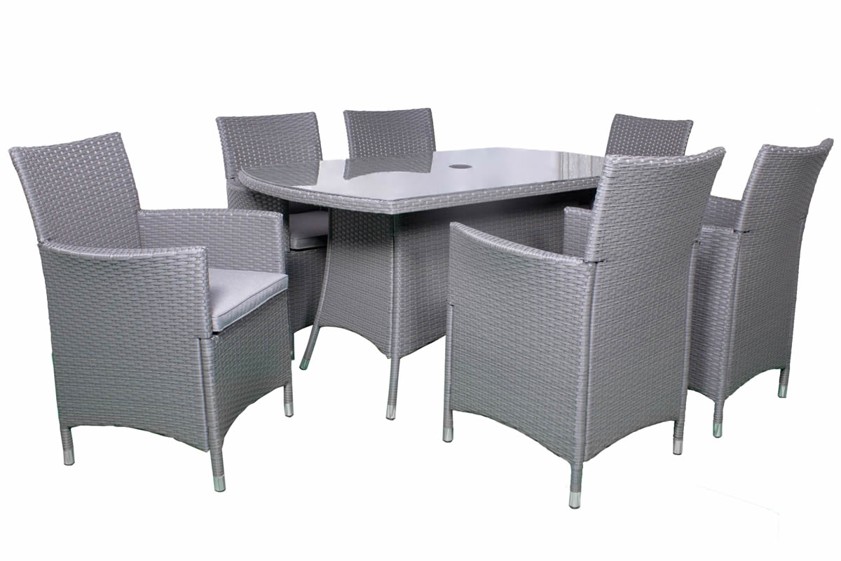 View Nevada Grey Rattan 6 Seater Rectangular Patio Dining Set Inset Glass Table Top With Hole For Parasol 6 Rattan Highback Chairs With Cushions Incl information