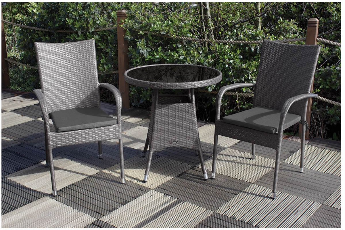 View Malaga Grey 2Seater Synthetic Rattan Garden Patio Dining Bistro Set Table With Easy Clean Glass Top 2 Stacking Armchairs Seat Cushion Include information