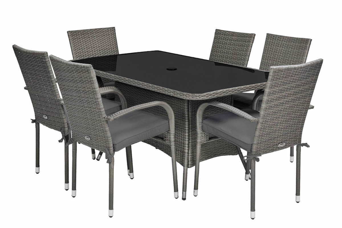 View 6 Seater Rectangular Outdoor Darden Patio Dining Set Weather Resistant Grey Synthetic Rattan Glass Table Top Consists Of Table 6 Armchairs information