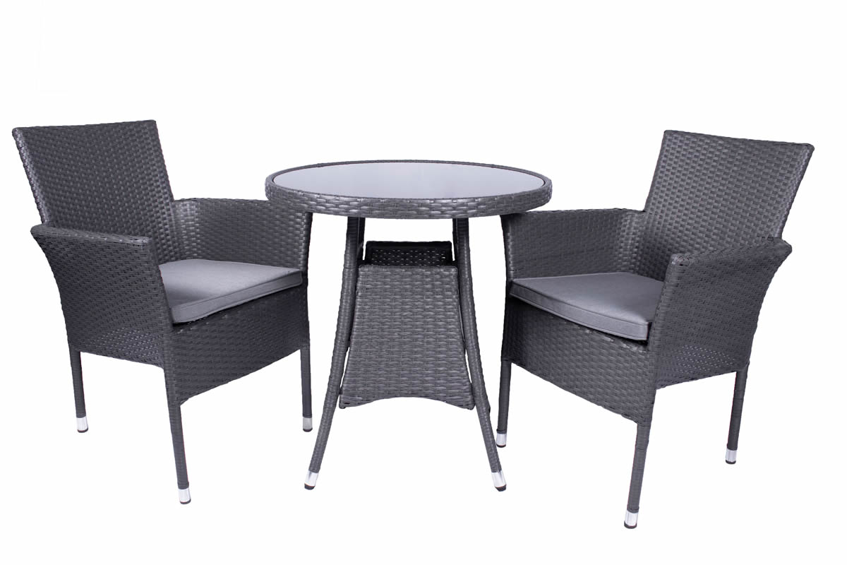 View Grey Synthetic Rattan 2 Seater Fixed Garden Bistro Set 2 Stackable Chairs With Grey Seat Cushions Round Glass Top Table Steel Frame Malaga information