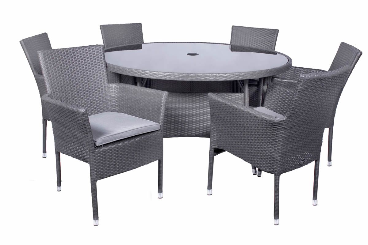 View Grey Synthetic Rattan 6 Seater Dining Set 6 Stackable Chairs With Grey Seat Cushions Round Glass Top Table Steel Frame Malaga information