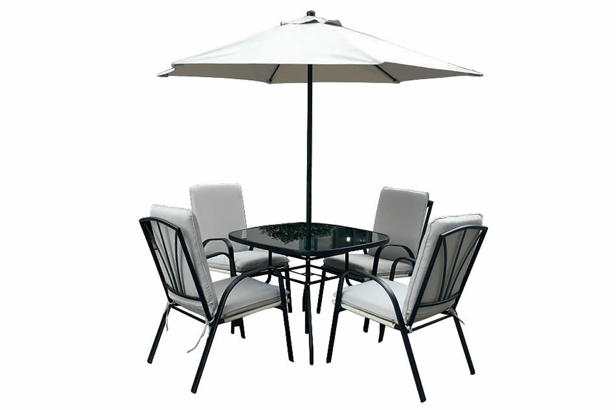 View Black Metal Patio Set 4 Stacking Chairs Padded Cushions Square Table With Tempered Glass Top Easily Wipe Clean Matching Parasol Amalfi information