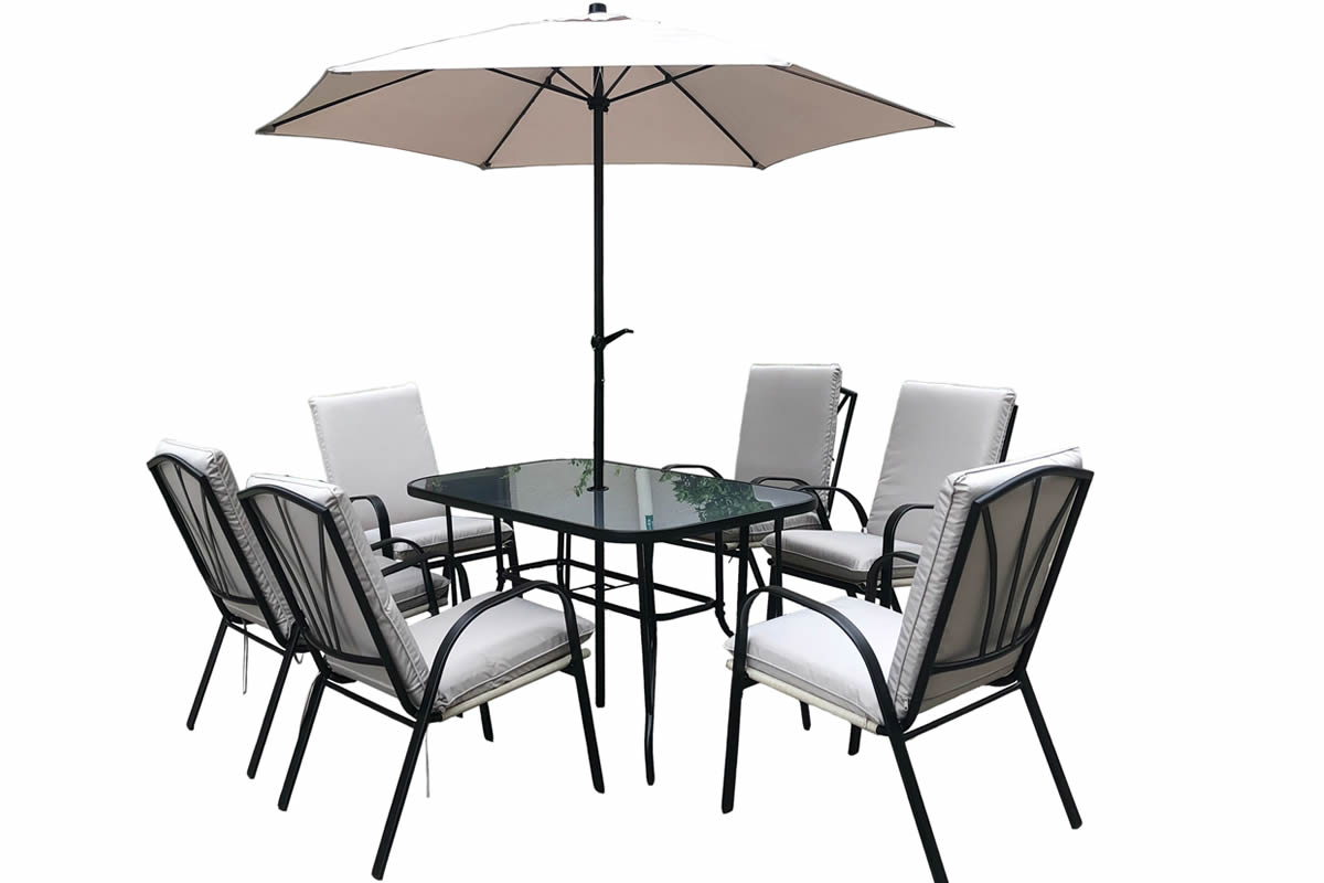 View Black Metal Patio Set 6 Stacking Chairs Padded Cushions Square Table With Tempered Glass Top Easily Wipe Clean Matching Parasol Amalfi information