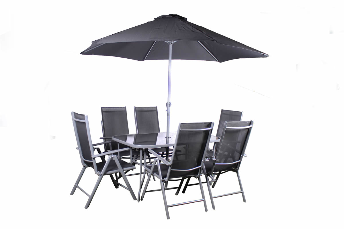 View Rio 6 Seater Outdoor Garden Patio Dining Set Including Parasol Reclining High Back Chair Maintenance Free Weather Resistant Glass Top Tab information