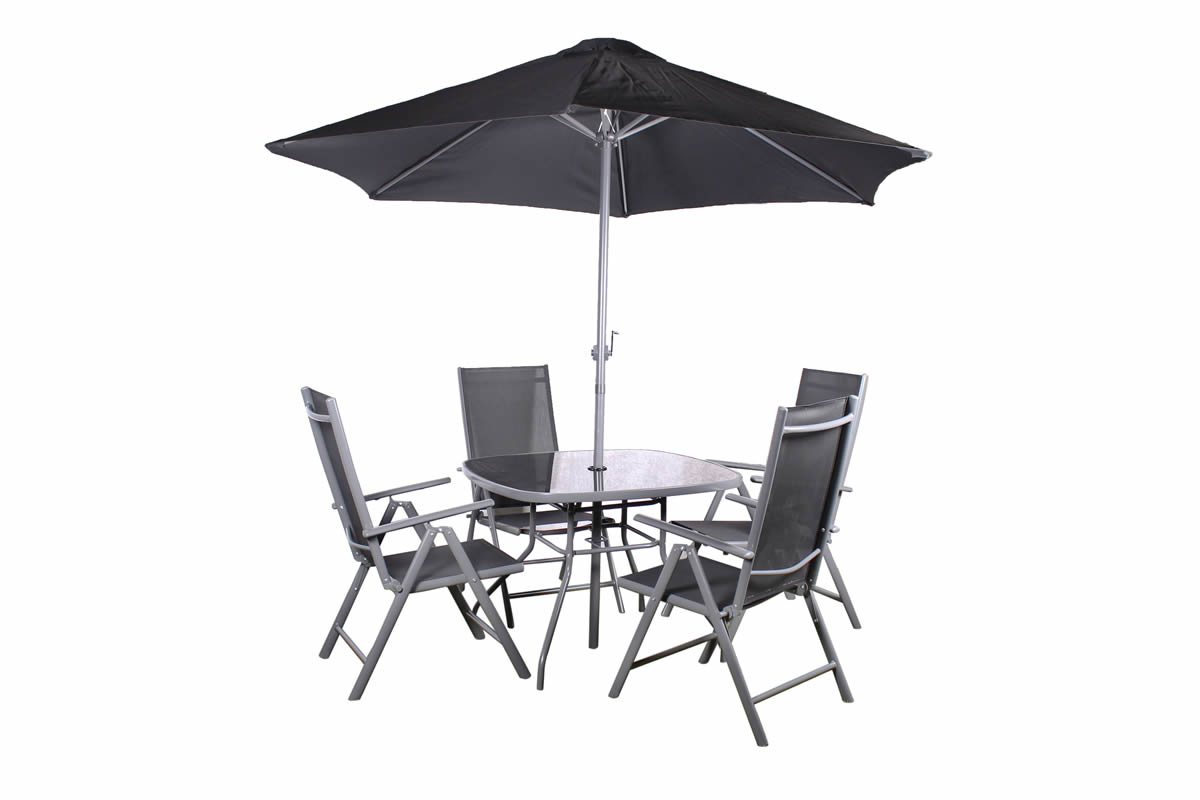 View Rio 4 Seater Metal Grey Patio Outdoor Garden Dining Set Including Crank Parasol Grey Frame Black Weather Resistant Fabric Tempered Glass Top information