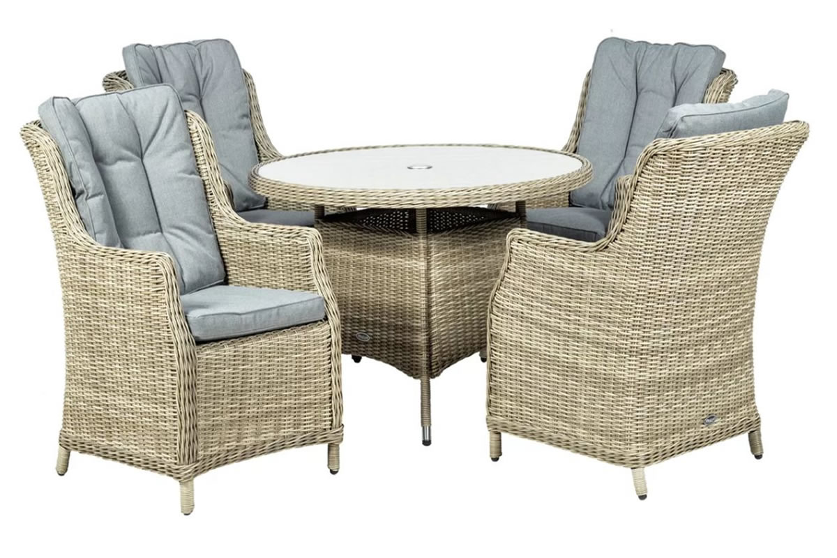 View Wentworth 4 Seater Rattan Garden Dining Set High Back Chairs Deeply Padded Seat Cushions Tempered Glass Table Top With Parasol Hole Royalcraft information