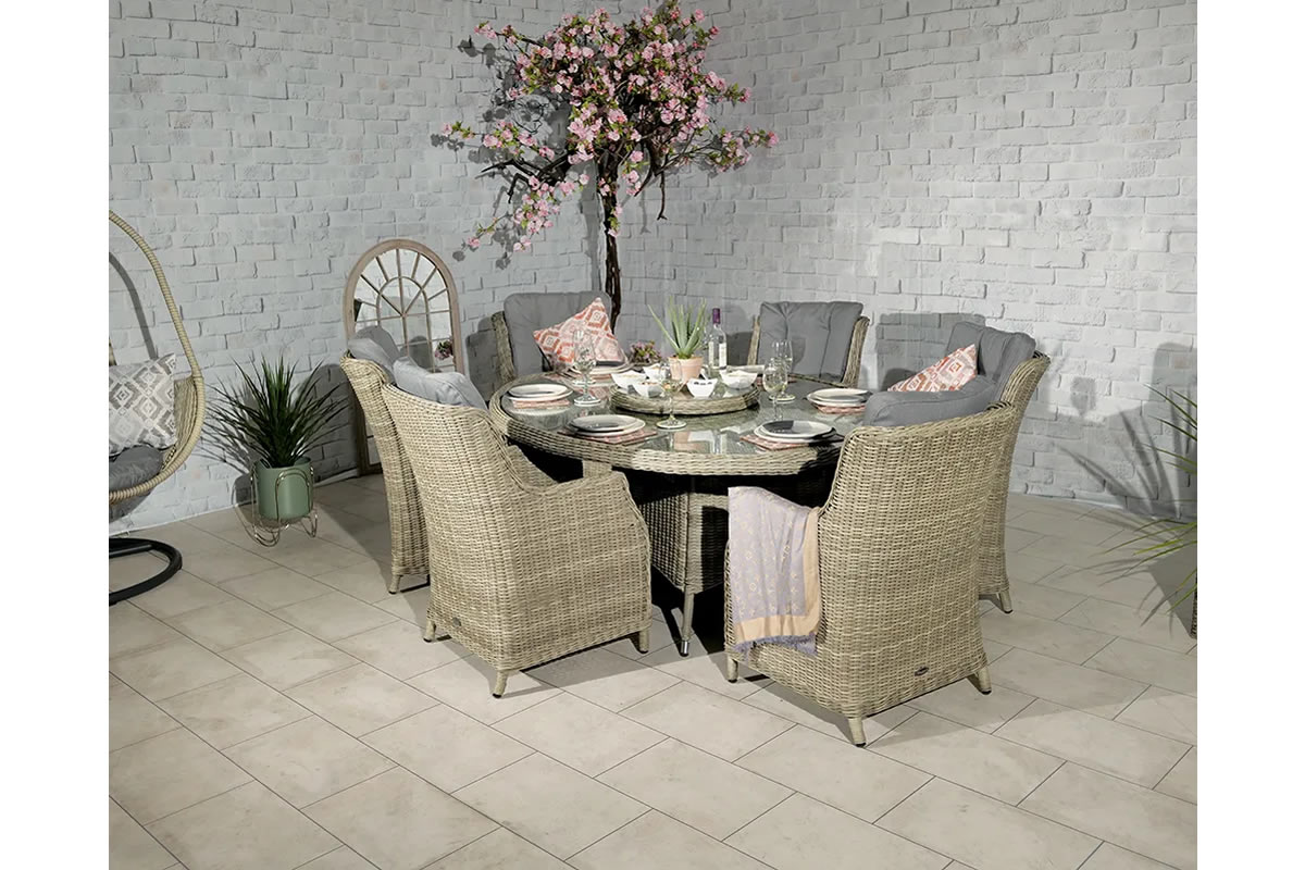 View Wentworth 6 Seater Ellipse High Back Dining Set Aluminium Rust Free Frame Hand Woven Synthetic Rattan Weather Shield Padded Cushions Glass Top information