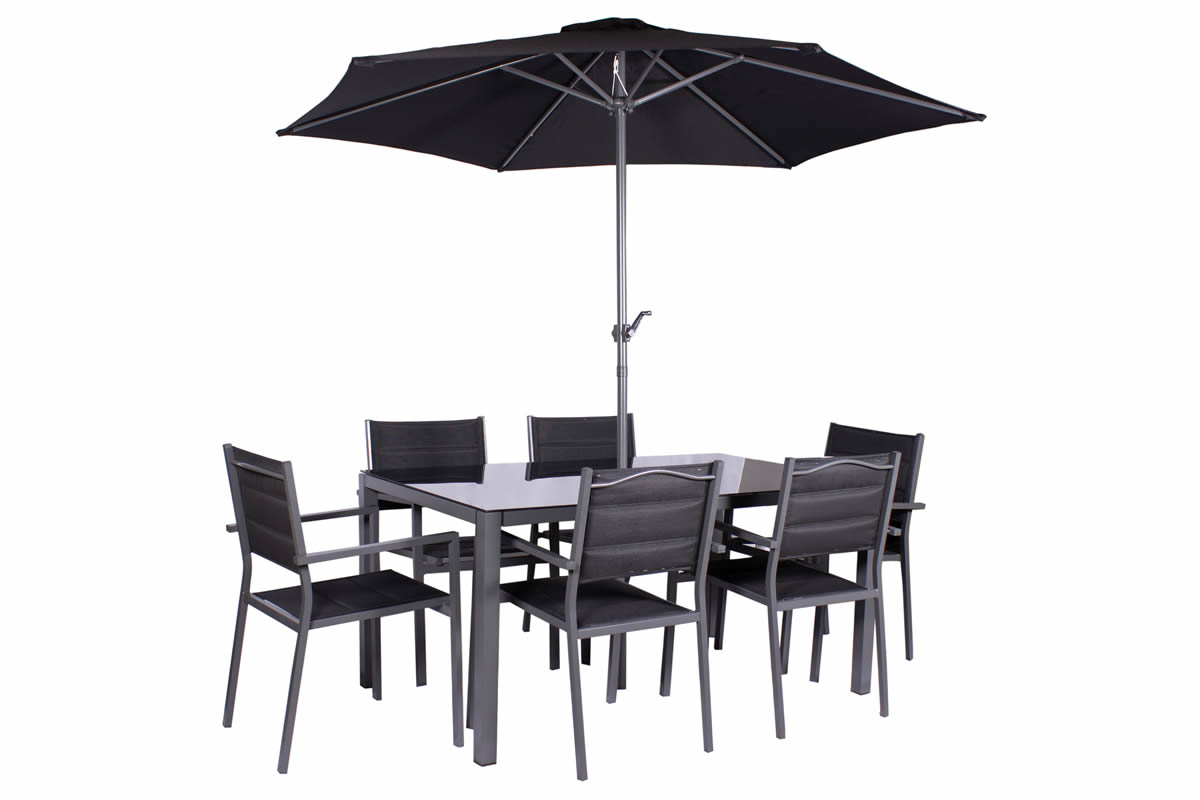 View Sorrento 6 Seater Metal Garden Outdoor Dining Set Including Crank Parasol Grey Frame Finish Black Fabric Seats Parasol Weather Resistant information