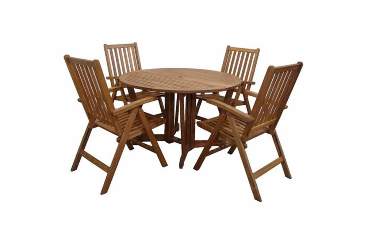 View Wooden Folding 4 Seater Garden Dining Set 4 Reclining Armchairs Round Gateleg Table Slatted Design Strong Wooden Construction Henley information
