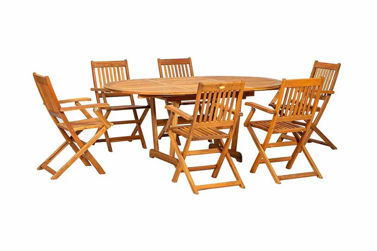 View Turnbury 6 Seater Manhattan Extending Harwood Acacia Teak Outdoors Garden Dining Set Six Folding Carver Chairs Extending Table Royalcraft information