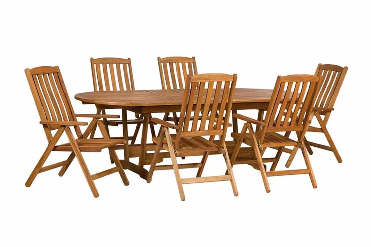 View Wooden 6 Seater Garden Dining Set 6 Manhattan Folding MultiPosition Recliner Chairs Oval Extending Dining Table Slatted Design Edinburgh information