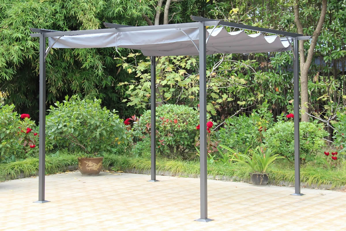 View Prague Grey Steel Frame Pergola Gazebo With Adjustable Sliding Shade Canopy 35m x 35m Size Bolts To The Ground Weather Resistant Canopy information