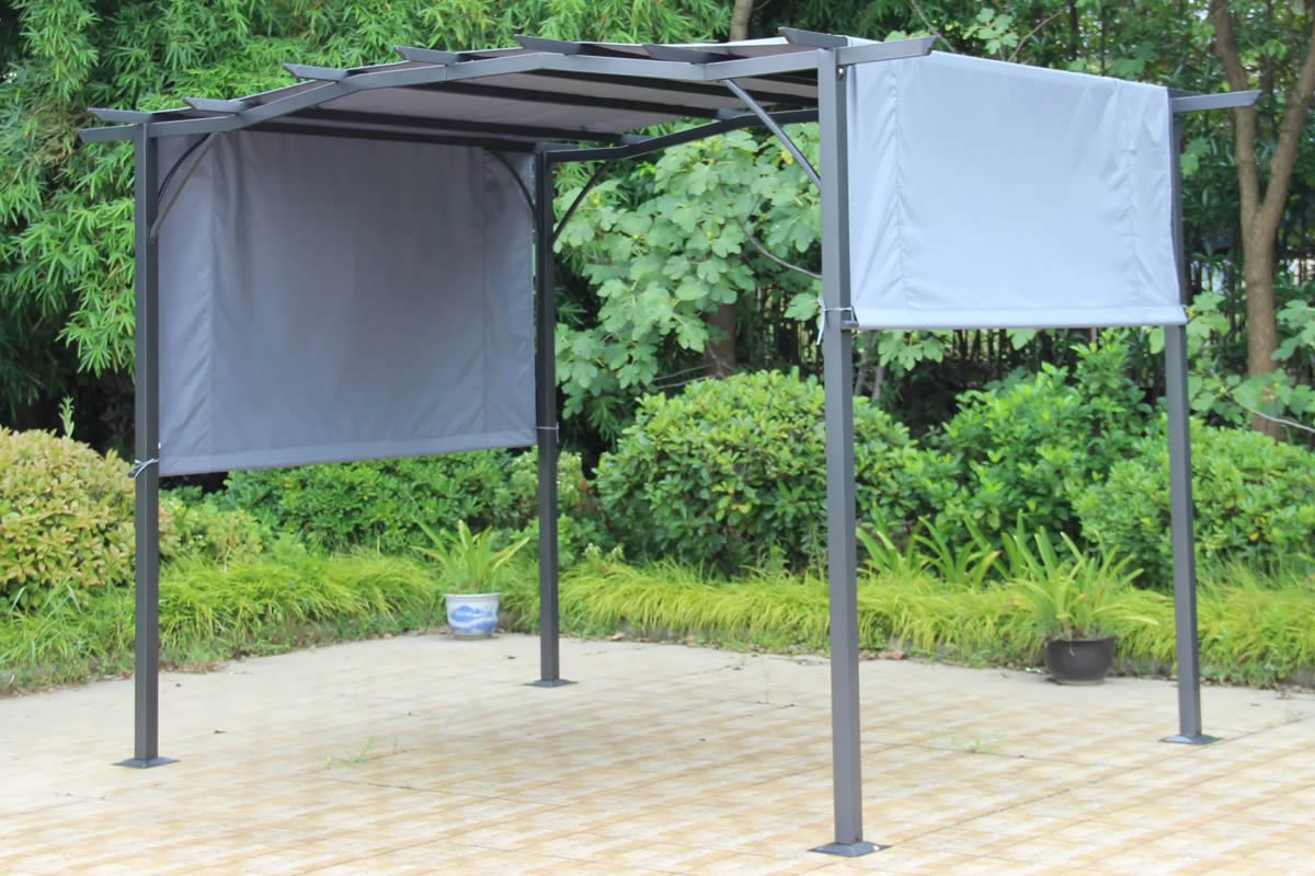 View San Remo Grey Metal Frame Pergola Gazebo Grey Weather Resistant Sliding Shade Canopy Robust Steel Frame Bolts To Floor Slatted Roof Design information