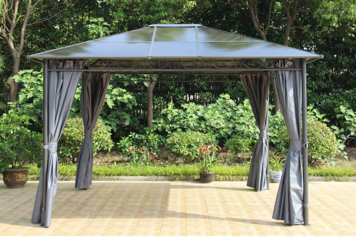 View Zurich Grey Polycarbonate Gazebo Pitched Roof Includes Curtains information