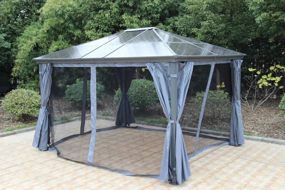View Grey Polycarbonate Premium Garden Gazebo Pitched Roof Sections Grey Polyester Curtains With Mosquito Net Steel Frame 3m x 36m Lugano information