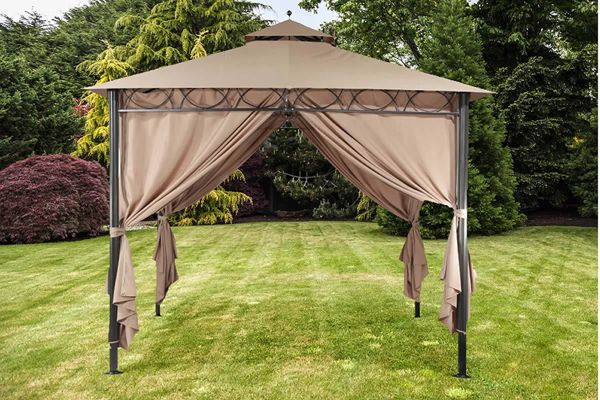 View Brown Mocha PA Coated Fabric Gazebo With Pitched Roof Raised Air Vents Zipped Side Curtains Steel Metal Frame 3m x 3m Dubai information