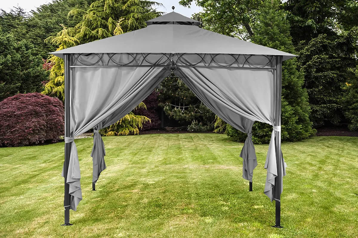 View Grey PA Coated Fabric Gazebo With Pitched Roof Raised Air Vents Zipped Side Curtains Steel Metal Frame 3m x 3m Dubai information
