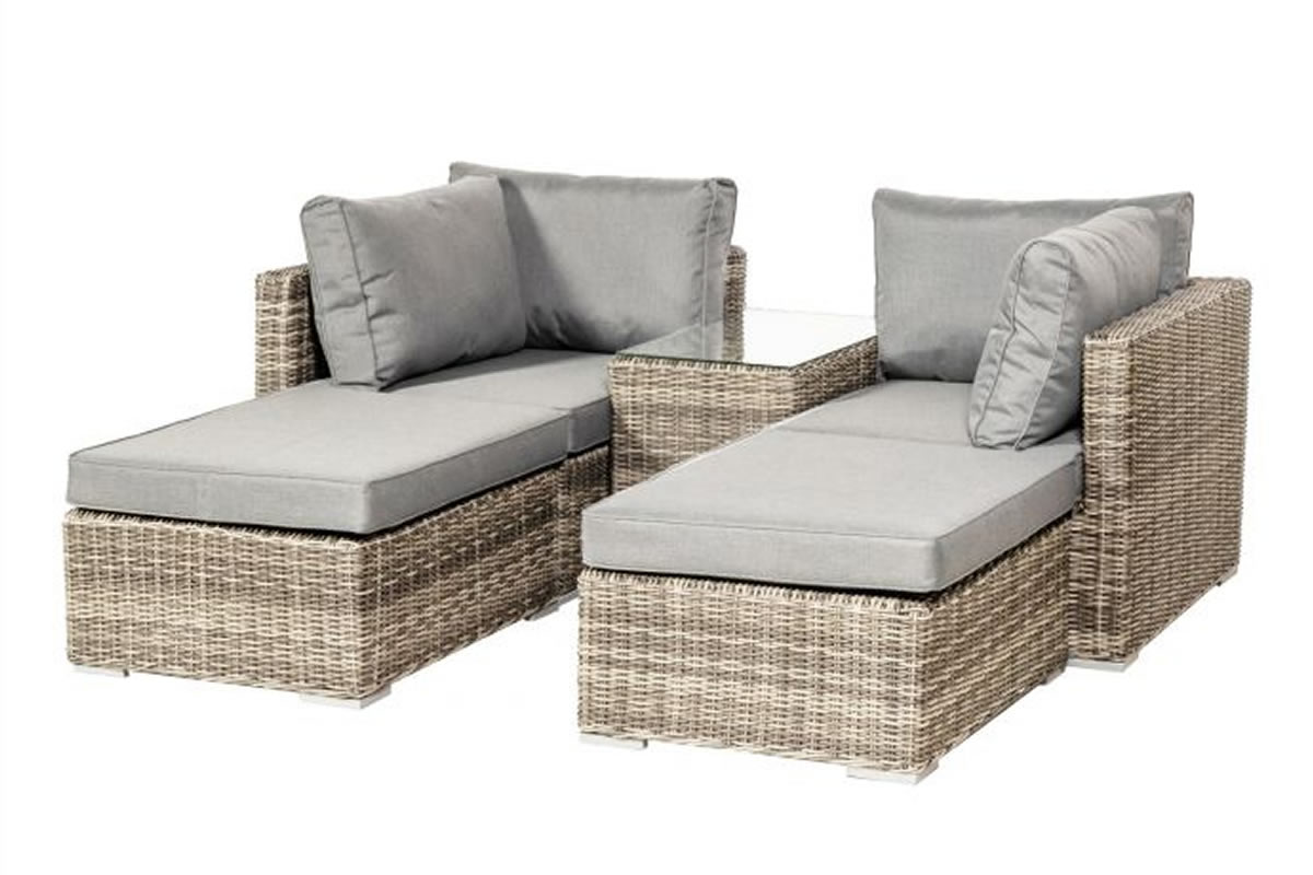 View Wentworth 4 Seater Rattan Garden Multi Setting Relaxer Sun Lounger Set Deeply Padded Weather Resistant Cushions Glass Topped Table Royalcraft information
