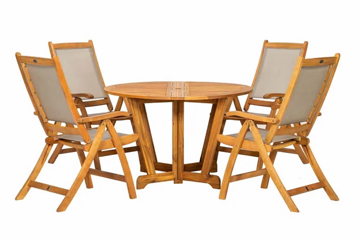 View Wooden Folding 4 Seater Garden Dining Set 4 Reclining Armchairs With Mesh Seat Back Round Gateleg Table Slatted Design Henley information