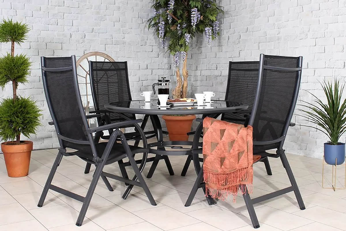 View Sorrento Black Metal Garden Round Dining Recliner Set 4 or 6 Seat Set information