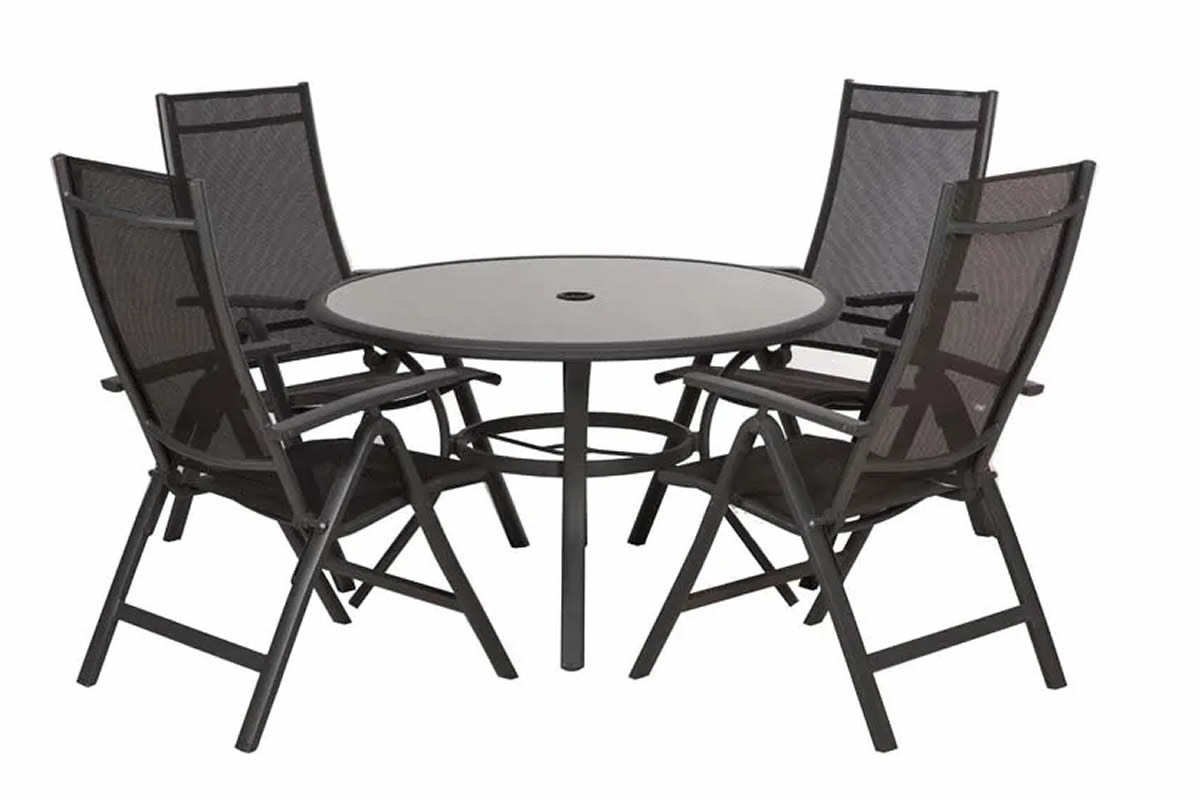 View Sorrento Black 4 Seater Round Outdoor Garden Dining Recliner Set Reclining High Back Garden Dining Chair Tempered Glass Table Top Parasol Hole information