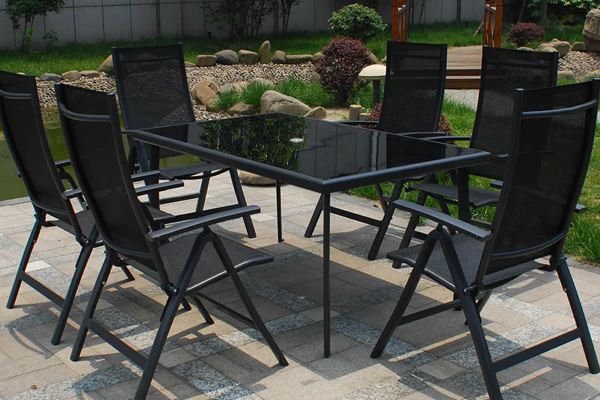 View Sorrento 7pc Black Metal Rectangular Outdoor Garden Dining Set Highback Mesh Reclining Dining Chairs Tempered Glass Table Top Parasol Hole information