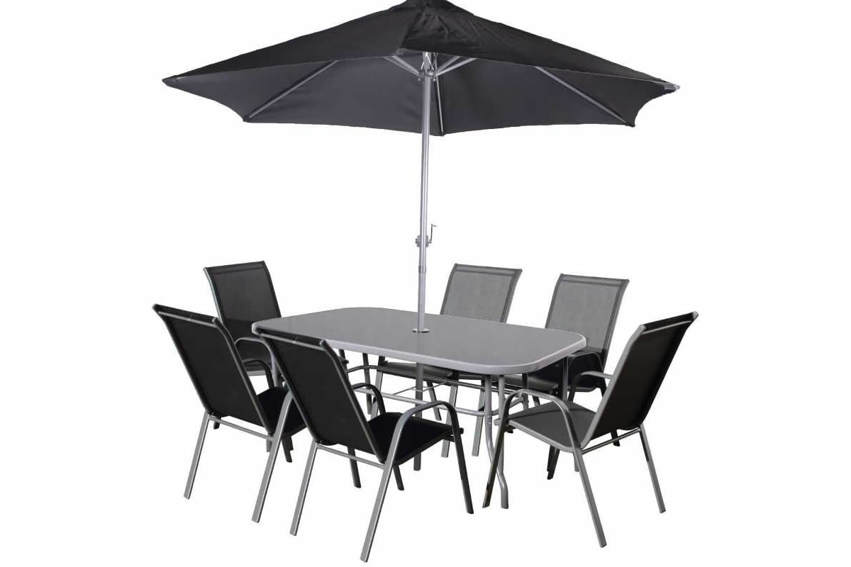 View Rio 6 Seater Metal Grey Patio Outdoor Garden Dining Set Including Crank Parasol Grey Frame Black Weather Resistant Fabric Tempered Glass Top information