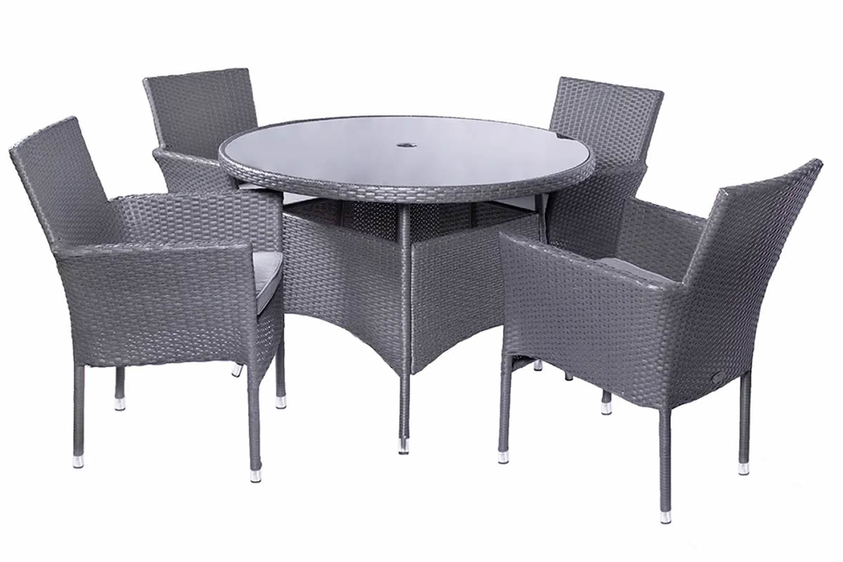 View Grey Synthetic Rattan 4 Seater Dining Set 4 Stackable Chairs With Grey Seat Cushions Round Glass Top Table Steel Frame Malaga information
