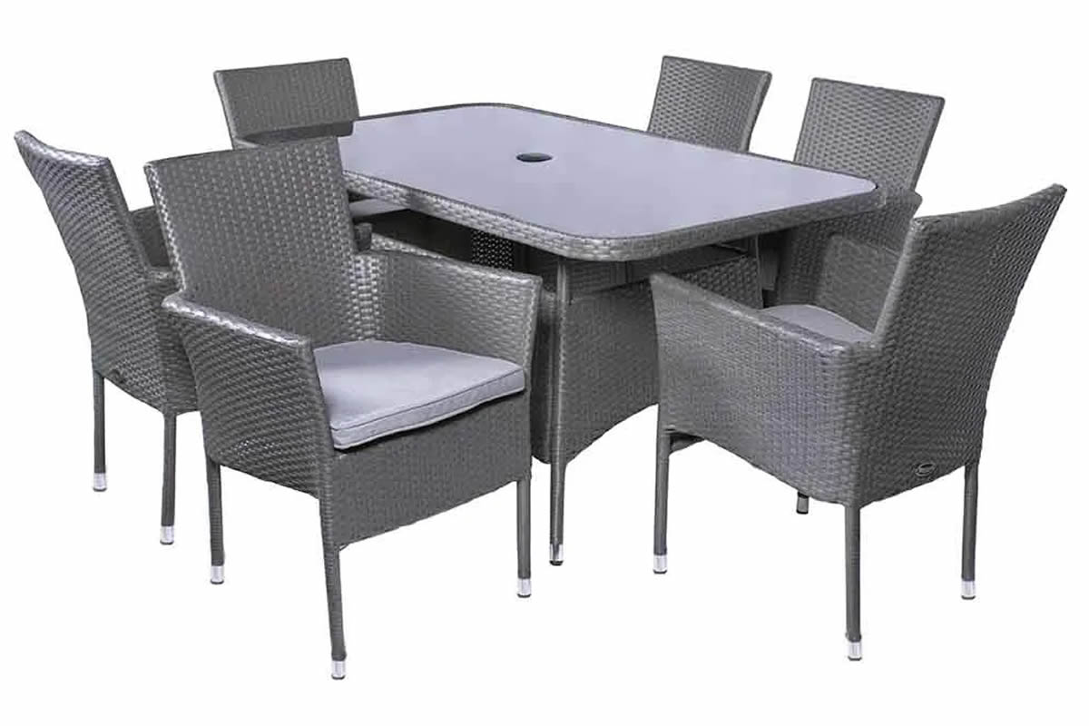 View Grey Synthetic Rattan 6 Seater Garden Dining Set 6 Stacking Chairs With Padded Seat Cushions Round Glass Top Table With Parasol Hole Malaga information