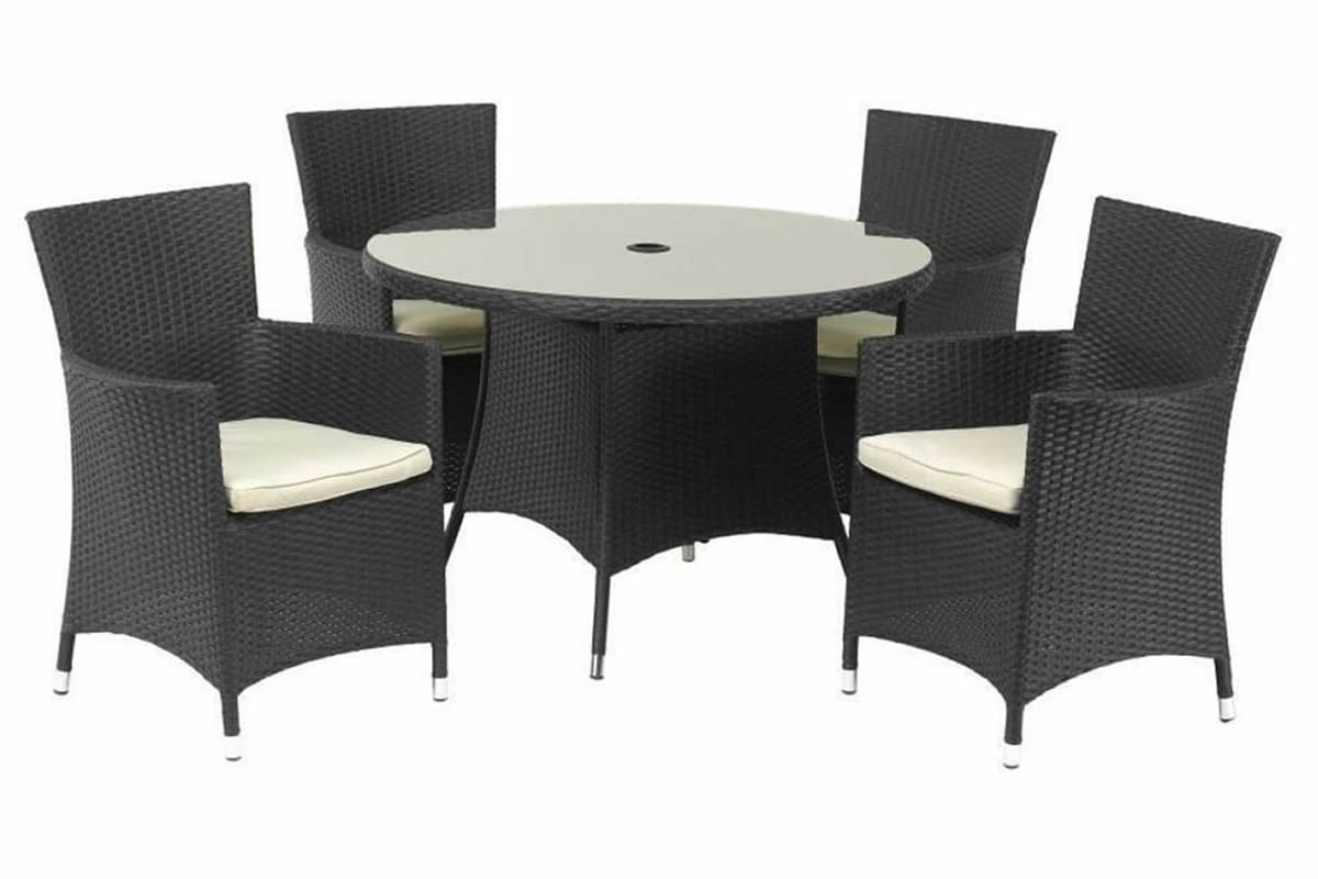 View Black Synthetic Rattan 4 Seater Patio Dining Set 4 High Back Stacking Chairs Cream Seat Cushions Round Table With Glass Top Cannes information