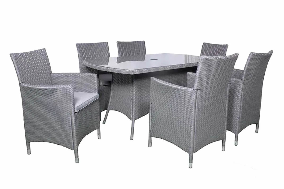 View Grey Synthetic Rattan Garden Dining Set 6 Stacking Carver Chairs Grey Seat Cushions Rectangular Glass Top Table Steel Frame Cannes information