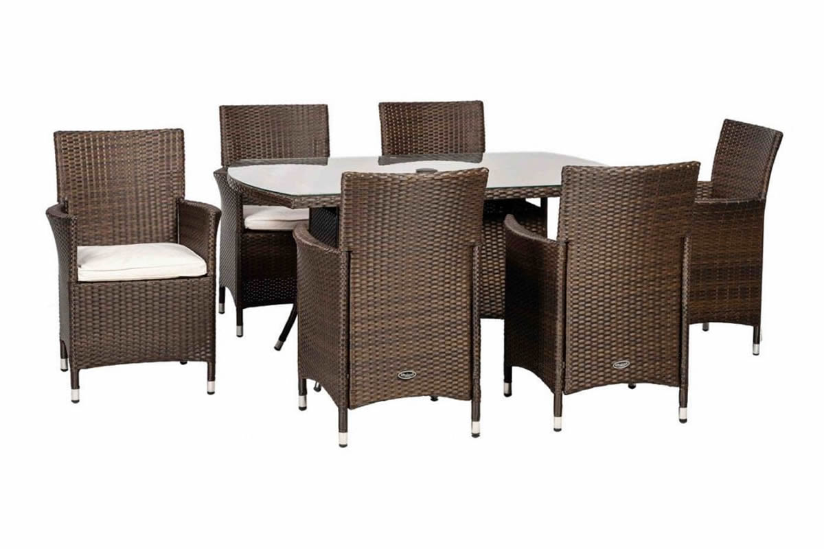 View Brown Synthetic Rattan Garden Dining Set 6 Stacking Carver Chairs Cream Seat Cushions Rectangular Glass Top Table Steel Frame Cannes information