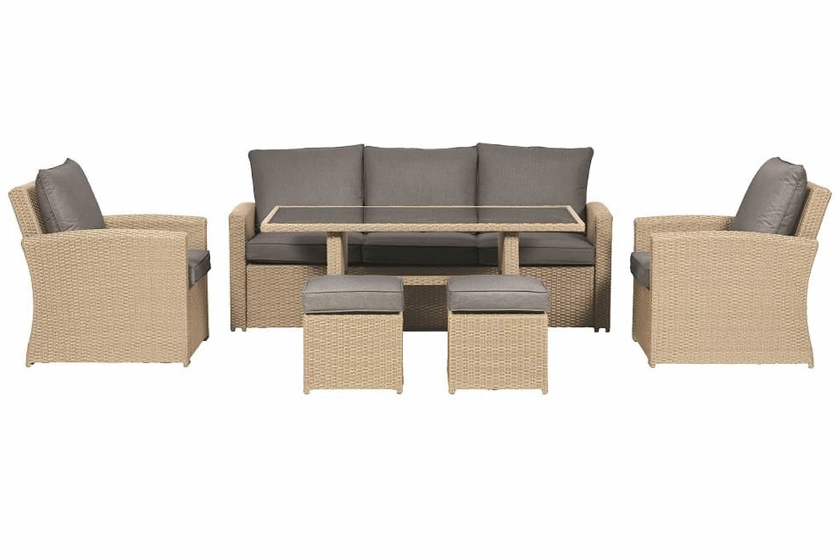View Cream Rattan Polyethene 7 Seater 6pc Deluxe Garden Dining Set 3 Seater Sofa 2 Armchairs With Footstools Glass Top Table Lisbon information