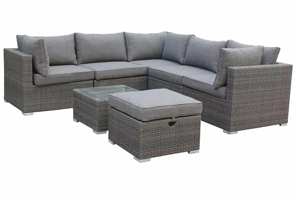 View Parisian Rattan Outdoor Garden Corner Sofa Lounging Set Including Stool Table Seats 7 People Deeply Padded Weather Resistant Seat Back Cushion information