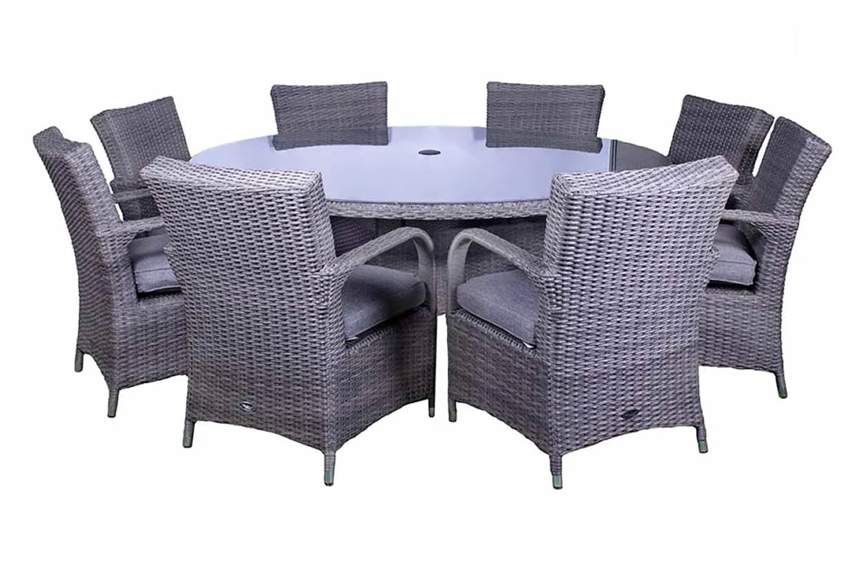 View Parisian Round Grey 8 Seater Rattan Outdoor Garden Dining Set Deeply Padded Weathershield Seat Cushions Included Glass Table Top With Parasol Hole information