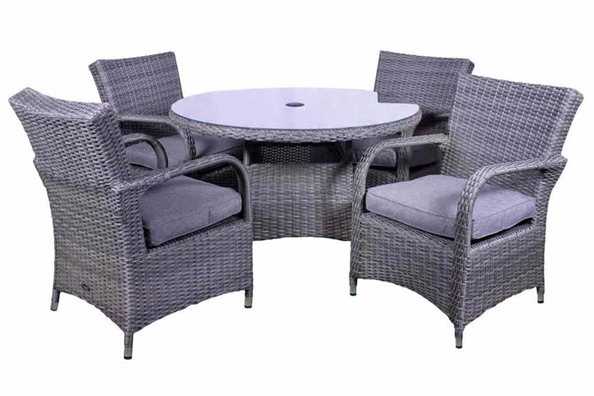 View Parisian Round Grey 4 Seater Rattan Outdoor Garden Dining Set Deeply Padded Weathershield Seat Cushions Included Glass Table Top With Parasol Hole information