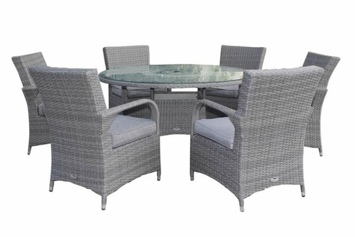 View Parisian Round Grey 6 Seater Rattan Outdoor Garden Dining Set Deeply Padded Weathershield Seat Cushions Included Glass Table Top With Parasol Hole information