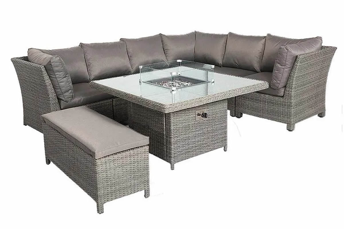 View Paris Rattan Corner Outdoor Sofa Dining Set Includes Fire Pit Square Dining Table Large Stool Seats 8 People Deeply Padded Seat Cushions information