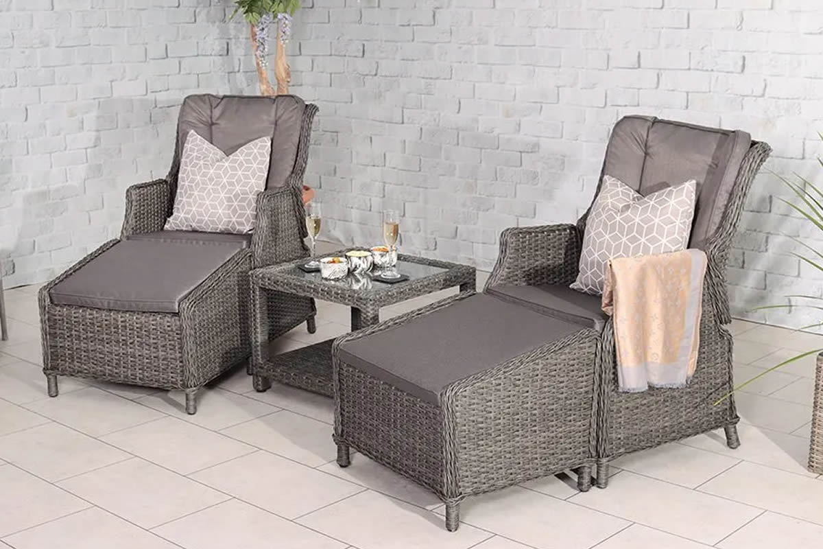 View Paris Rattan 2 Seater High Back Outdoor Garden Reclining Sofa Set Includes Coffee Table Padded Cushions Included Inset Glass Table Top information