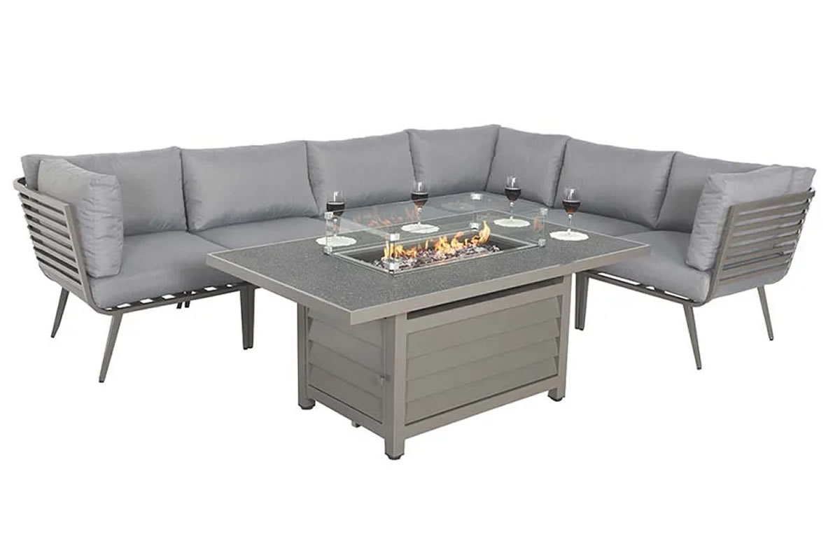 View Grey Metal Garden Corner Lounging 8 Seater Set With 150cm x 90cm Fire Pit Table Padded Grey Cushions Aluminium Frame Mayfair information