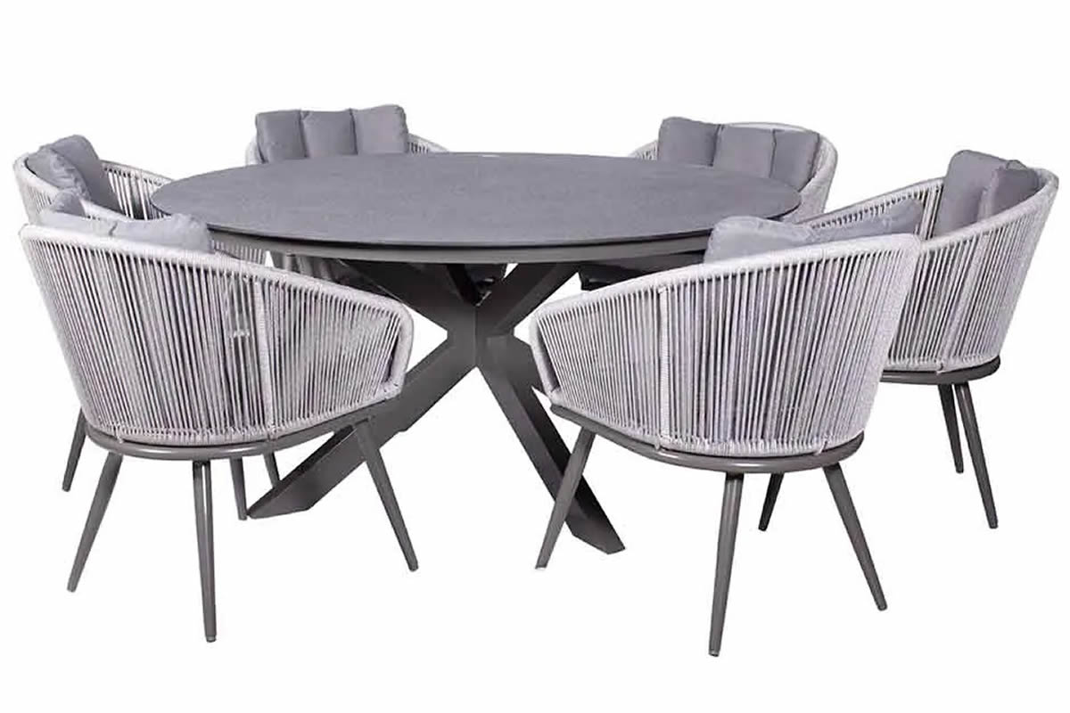 View Grey Rattan Patio Dining Set 6 Rope Weave Chairs Round 8mm Table With Cross Leg Design Stone Glass Table Top Weather Proof Cushions Aspen information