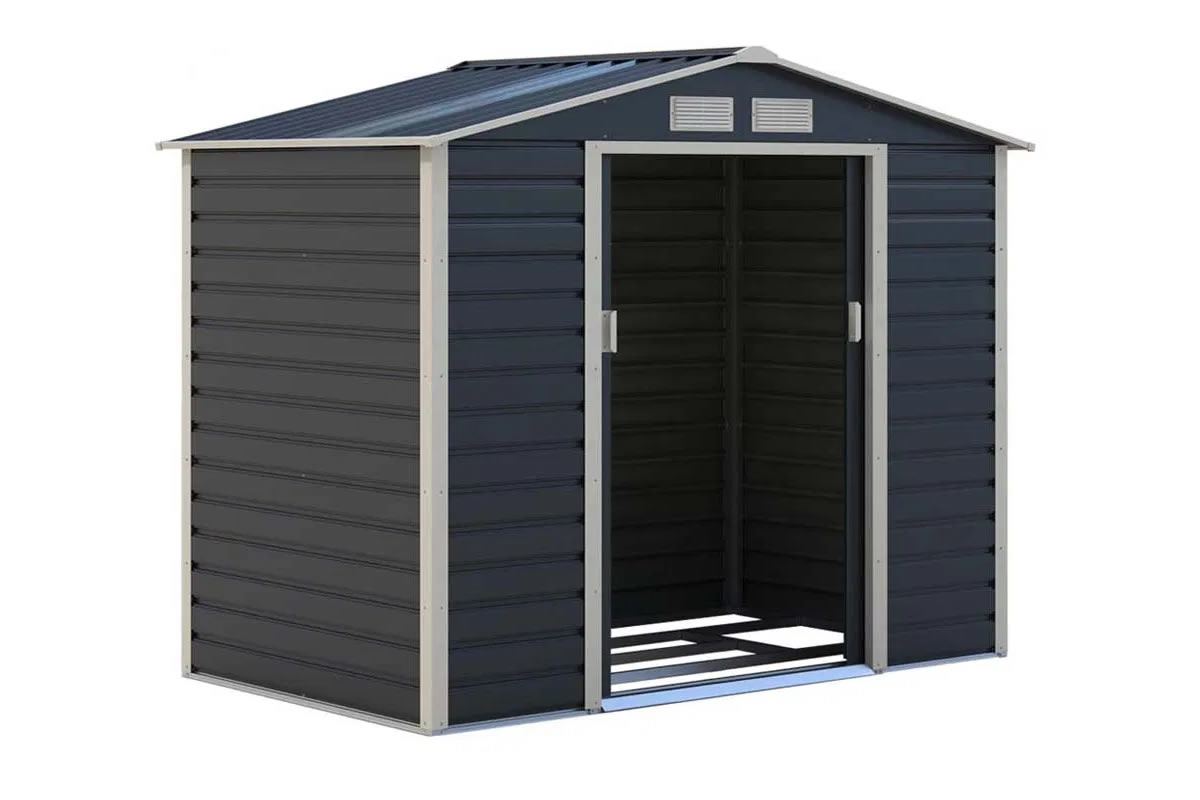 View Dark Grey Metal Garden Shed Pent Roof Skylight Sliding Lockable Door Ramp Galvanised Steel Frame Panels 70ft x 42ft Cambridge information