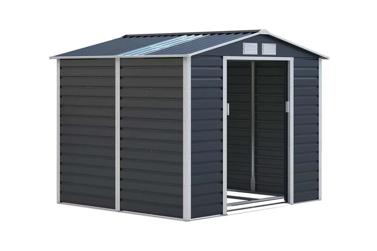 View Dark Grey Metal Garden Shed Pent Roof Skylight Sliding Lockable Door Ramp Galvanised Steel Frame Panels 91ft x 63ft Cambridge information