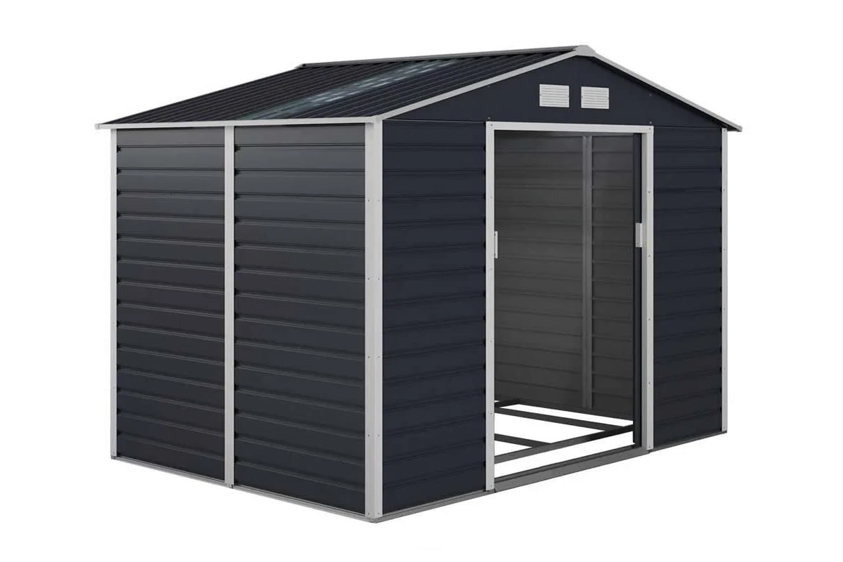 View Dark Grey Metal Garden Shed Pent Roof Skylight Sliding Lockable Door Ramp Galvanised Steel Frame Panels 91ft x 105ft Cambridge information