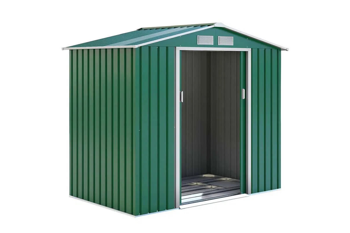 View Oxford Dark Green Galvanised Metal Outdoor Garden Shed 70ft x 42ft Pitched Reinforced Roof Sliding Lockable Doors information