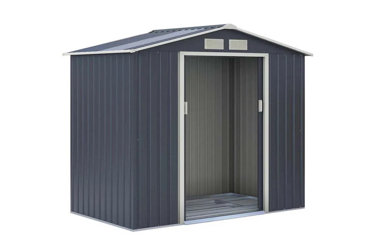 View Oxford Dark Grey Galvanised Metal Outdoor Garden Shed 70ft x 42ft Pitched Reinforced Roof Sliding Lockable Doors information