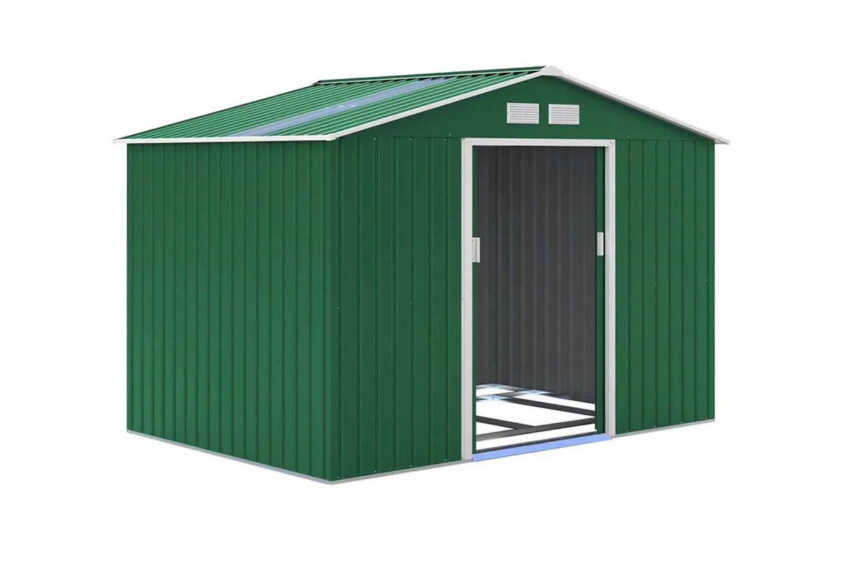 View Oxford Dark Green Galvanised Metal Outdoor Garden Shed 91ft x 105ft Pitched Reinforced Roof Sliding Lockable Doors information