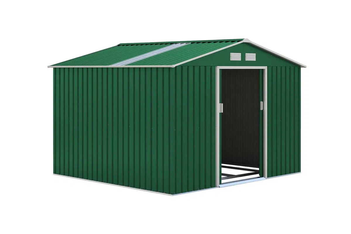 View Oxford Dark Green Galvanised Metal Outdoor Garden Shed 91ft x 63ft Pitched Reinforced Roof Sliding Lockable Doors Air Vent To Allow Air Flow information