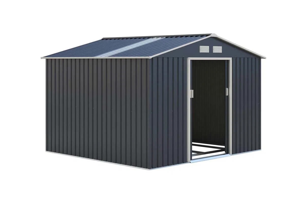 View Oxford Dark Grey Galvanised Metal Outdoor Garden Shed 91ft x 63ft Pitched Reinforced Roof Sliding Lockable Doors Air Vents To Allow Air Flow information